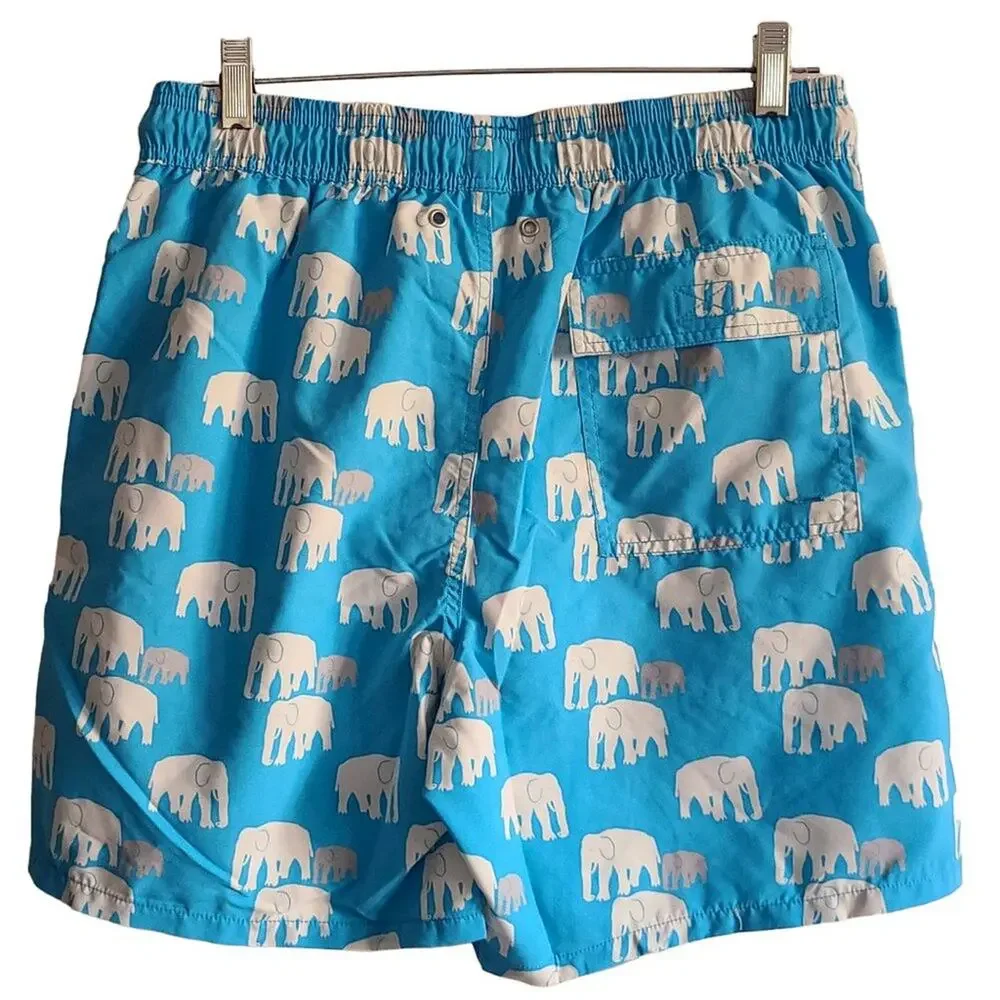 TOM & TEDDY Blue and White Elephants UPF 50+ Quick Dry Swim Shorts Size Small‎